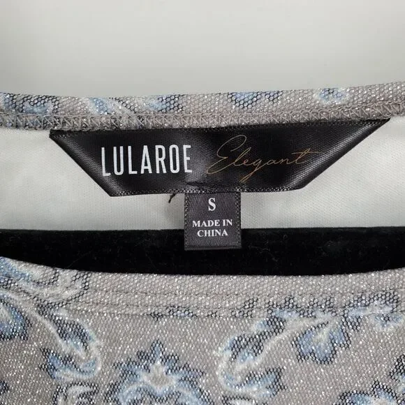 LuLaRoe Elegant Womens Emma Peplum Top Bell Sleeve Black Silver Sparkle Size S - Picture 6 of 8